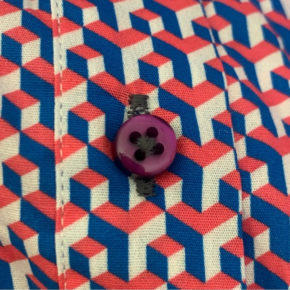 NWT COTON DOUX Paris Geo Print Button Front Shirt Cotton Poplin Pink Navy Blue - Picture 11 of 15